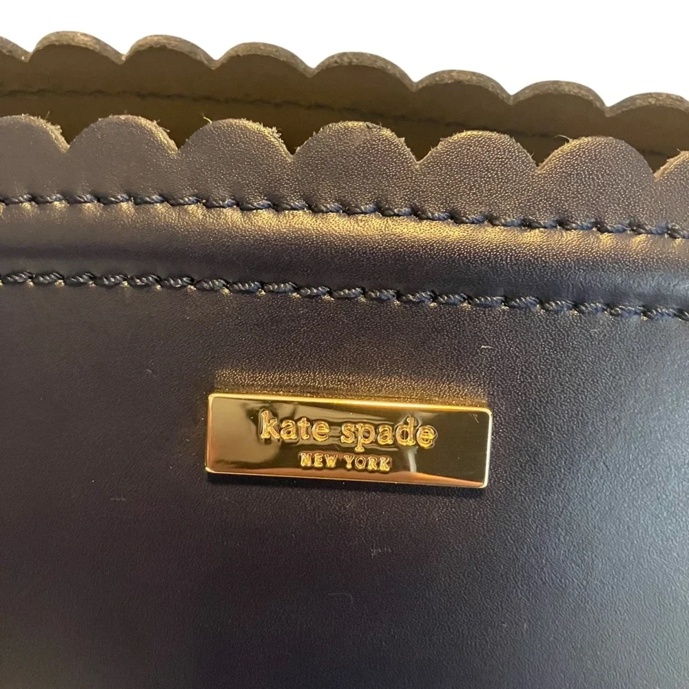 Kate Spade New York Scalloped Tote Bag Black Leather Natural Canvas Top Zip‎ - Picture 4 of 5